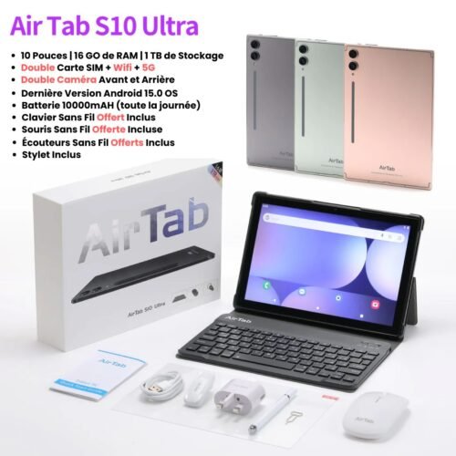 La tablette Airtab S10 Ultra – 1To + 16Go RAM, Double Carte Sim 5G, Wifi, clavier, souris & écouteurs (GABON)