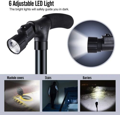 Canne de Marche Pliable Multifonctionnelle - Antidérapant réglable avec Lumière LED
